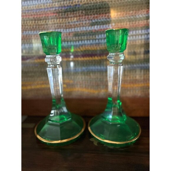 Set of 2 Empoli Emerald and Clear Glass Candle Holders Circa 1950 - 8.5" Tall - Picture 4 of 8